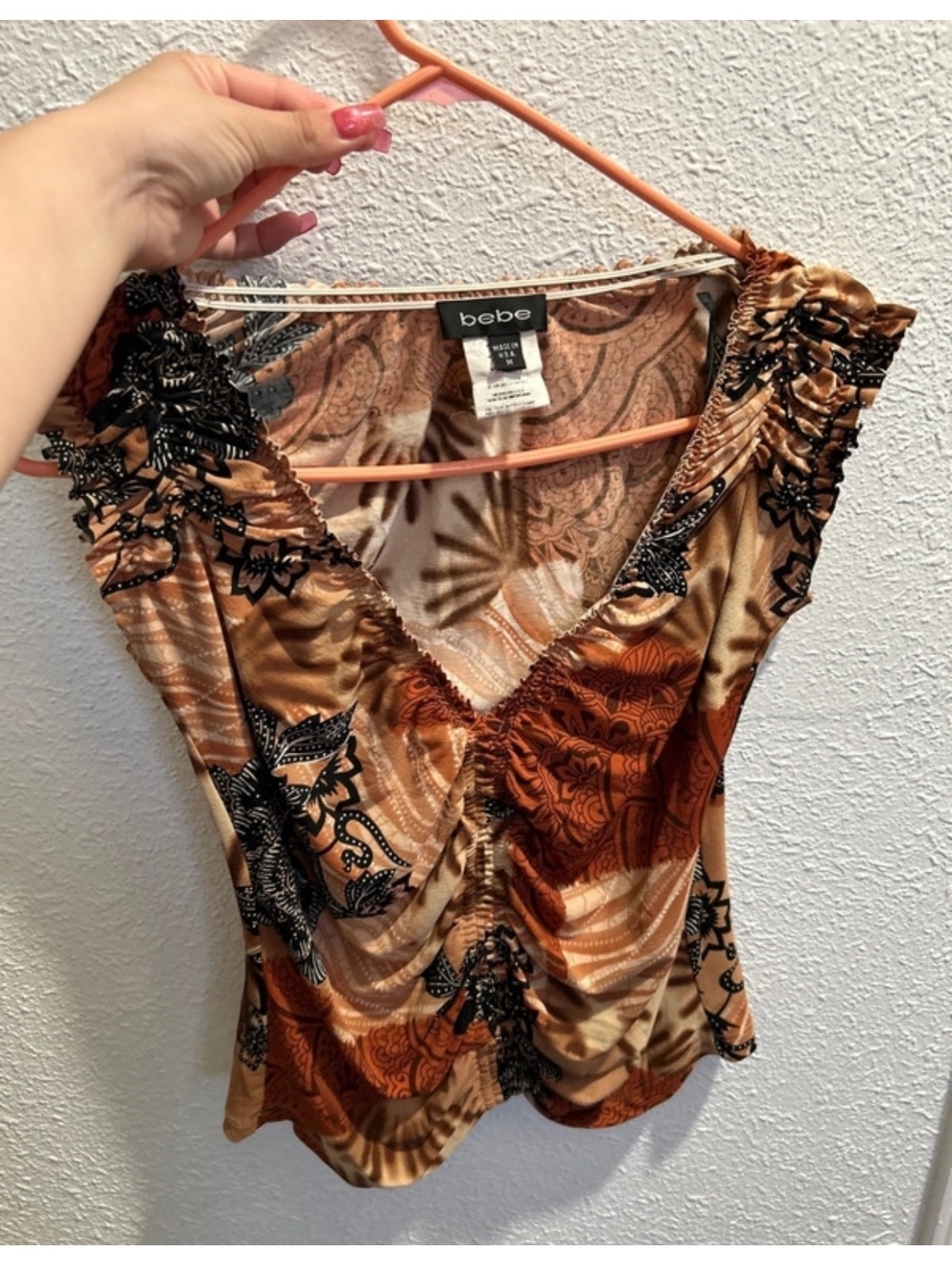 Bebe Y2K Brown Paisley Ruched V Neck Top